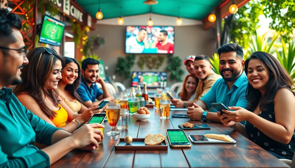 Chatting and placing sports betting in Mexico online through mobile devices at a lively café.