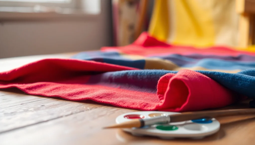 Canvas stof met diverse kleuren en texturen ligt op een houten tafel, met een penseel en palet in beeld.
