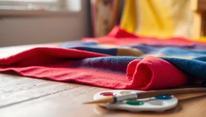 Canvas stof met diverse kleuren en texturen ligt op een houten tafel, met een penseel en palet in beeld.