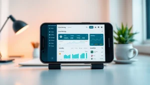 Cloud mining app interface on a smartphone in a modern workspace