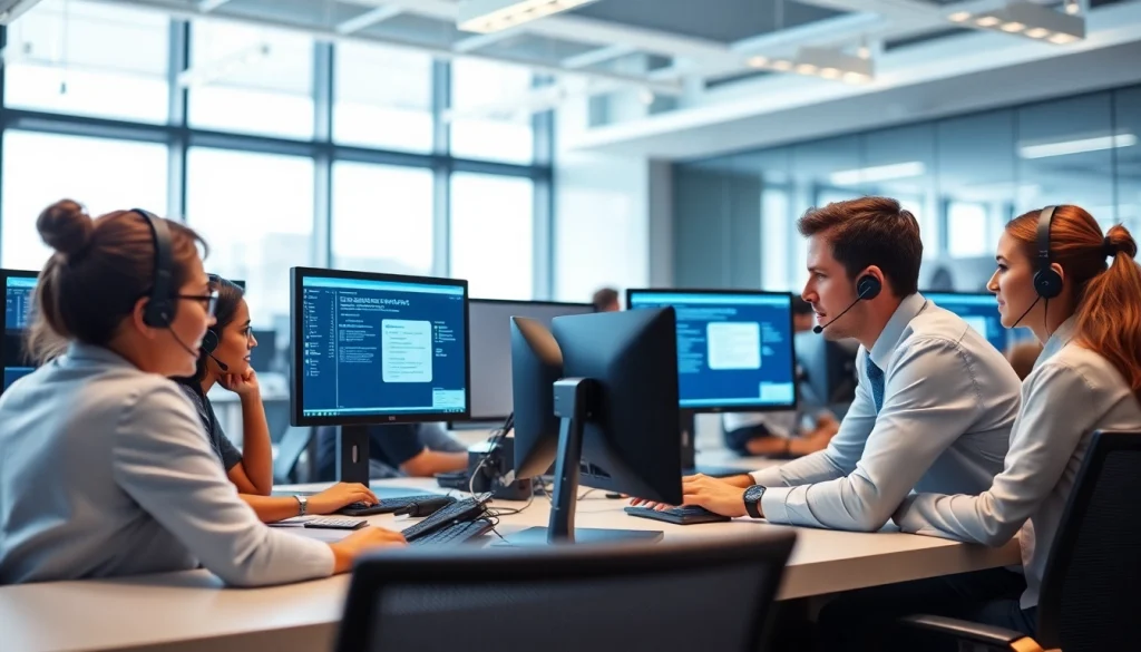 Engage with a professional helpdesk support team effectively solving technical issues in a modern setting.