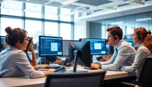 Engage with a professional helpdesk support team effectively solving technical issues in a modern setting.