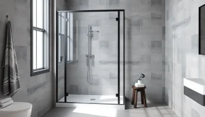 Installer une paroi de douche 150x200 moderne en verre clair dans une salle de bain.