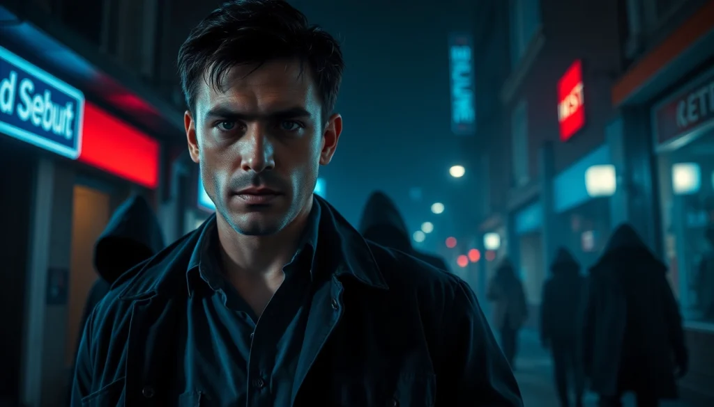 Detective facing urban challenges related to Rancid Badges in a dramatic, moody setting.