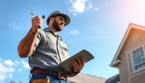 Assessing reliable roofing services with a professional inspecting shingles and tools in a home setting.