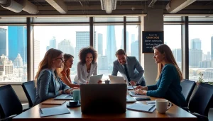 Engaged professionals in a modern Chicago office searching for Chicago jobs.