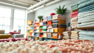 Katoen stoffen in verschillende kleuren en texturen in een creatieve winkelomgeving.