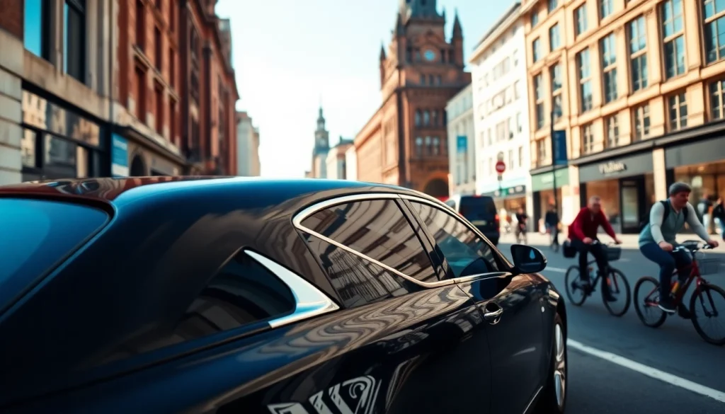 Offering premium Chauffeur Hire Nottingham with a luxury vehicle in a dynamic city setting.