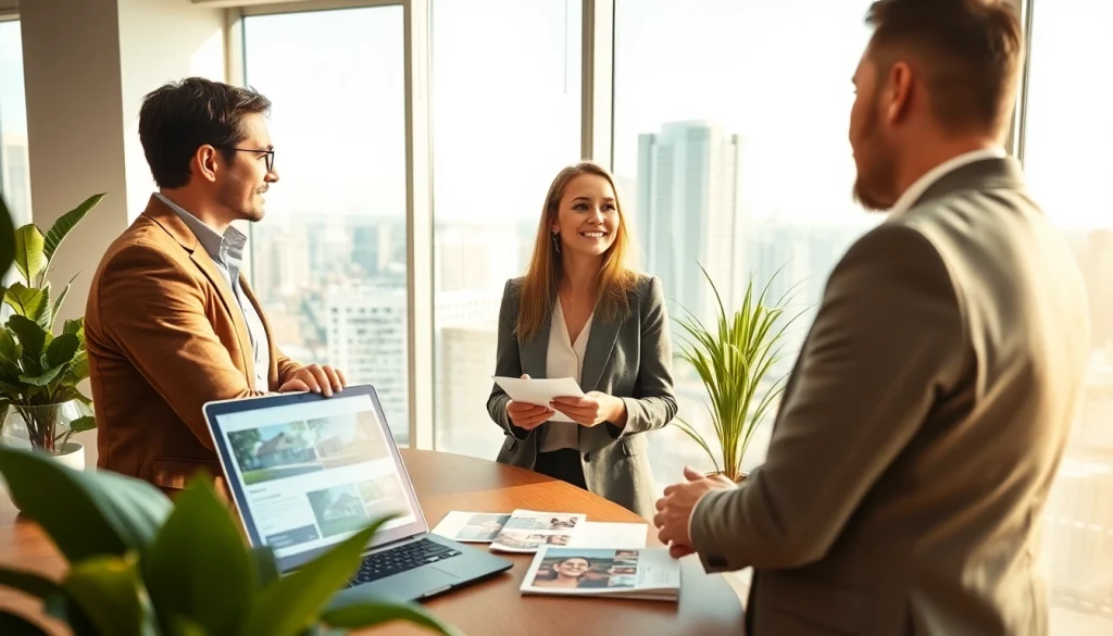 Real Estate agent engaging clients in a bright office with property brochures and a city view.