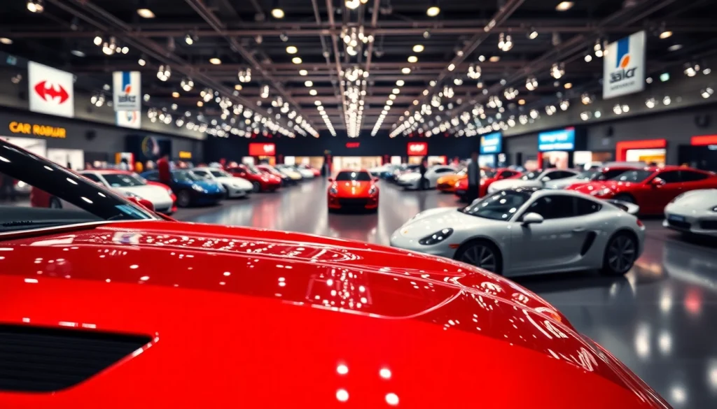 Showcase of sleek auto cars at an Auto Cars Show, emphasizing dynamic designs and vibrant lighting.