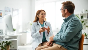 Health expert providing personalized advice to a patient in a welcoming clinic environment.