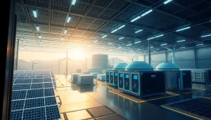 Futuristic cloud mining site showcasing renewable energy sources like solar and wind power.