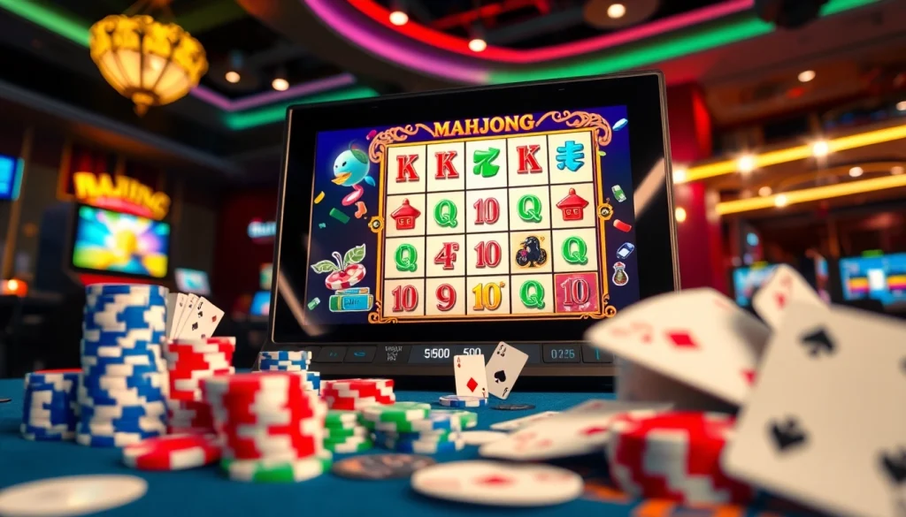 Putar slot demo mahjong dengan grafis cerah dan elemen kasino yang mengelilinginya.