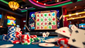 Putar slot demo mahjong dengan grafis cerah dan elemen kasino yang mengelilinginya.