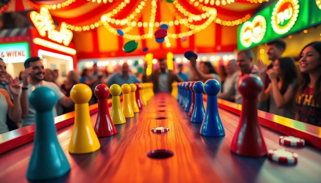 Pemain menjatuhkan chip plinko di papan permainan yang ceria dan berwarna-warni.