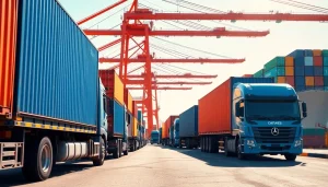 Observe trucks performing drayage work at a shipping port, showcasing container transportation operations.
