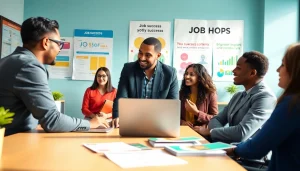 Job Help: Counselor supports diverse job seekers in a modern office setting.