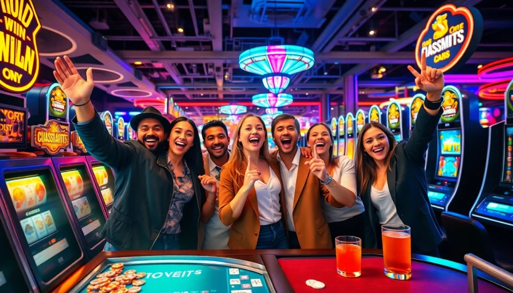 Menampilkan Istana777 Situs dengan pemain yang merayakan kemenangan di kasino modern.