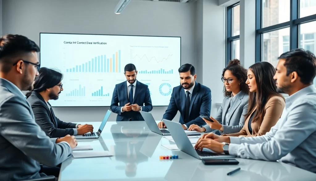 Contact data verification team collaborating in a professional office setting.