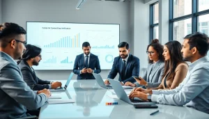 Contact data verification team collaborating in a professional office setting.