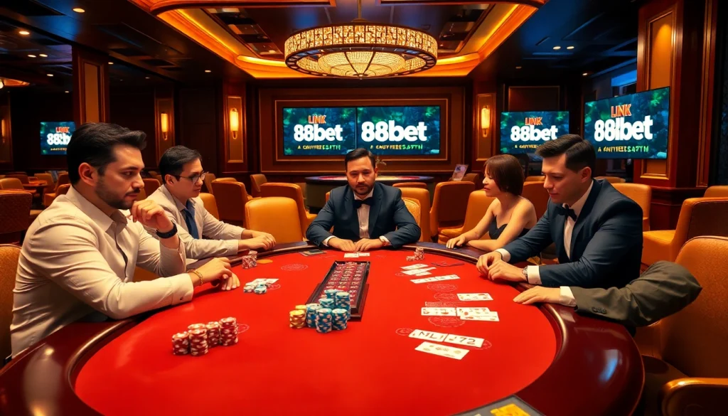 Players engaging in high-stakes poker while showcasing the link 188bet for online betting insights.