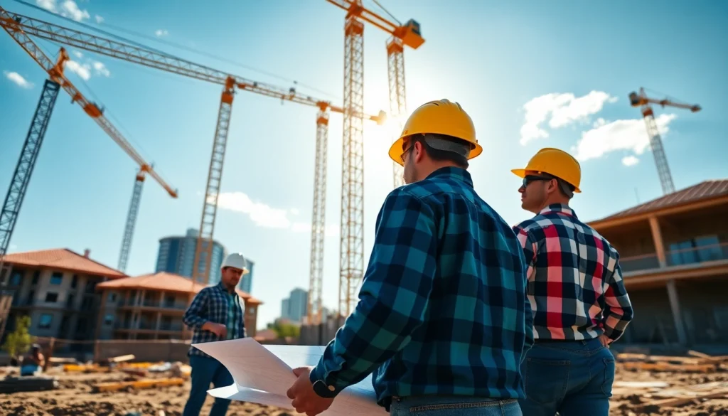 Enhance the Austin construction project with builders collaboratively reviewing blueprints.