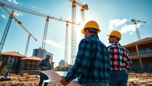 Enhance the Austin construction project with builders collaboratively reviewing blueprints.