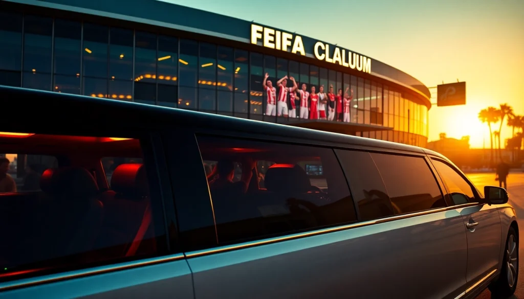 World Cup Group Transportation in a luxury limousine at SoFi Stadium, Los Angeles, celebrating match day excitement.