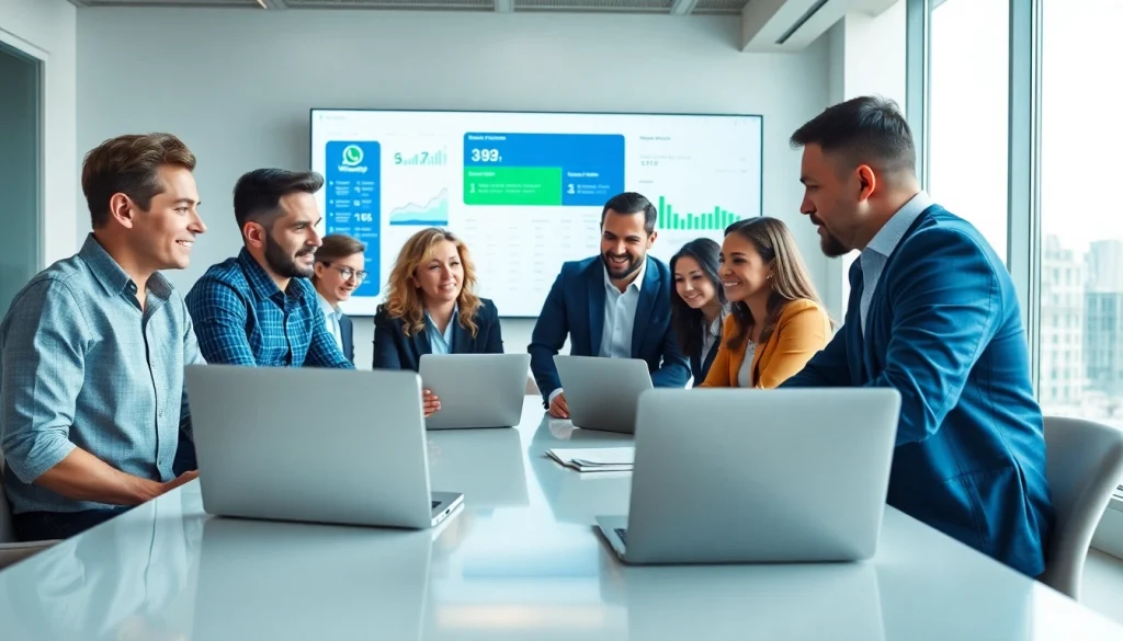 Team collaborating on WhatsApp Smart CRM strategies in a bright, modern office.