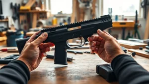 Assembling polymer 80 pf940c frame kit on a workshop bench with tools