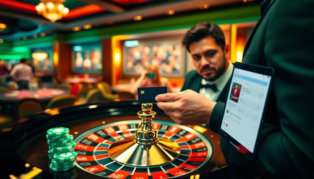 Gambler using 상품권신용카드 for gift vouchers amidst a vibrant casino scene.