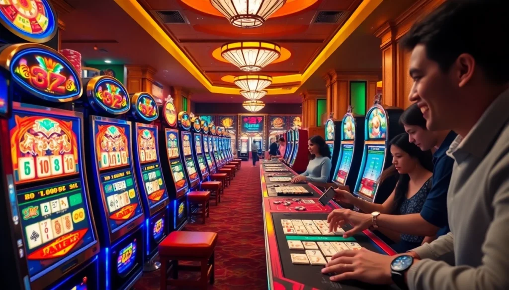 Excited players engage with slot demo mahjong machines in a lively casino atmosphere.