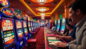Excited players engage with slot demo mahjong machines in a lively casino atmosphere.