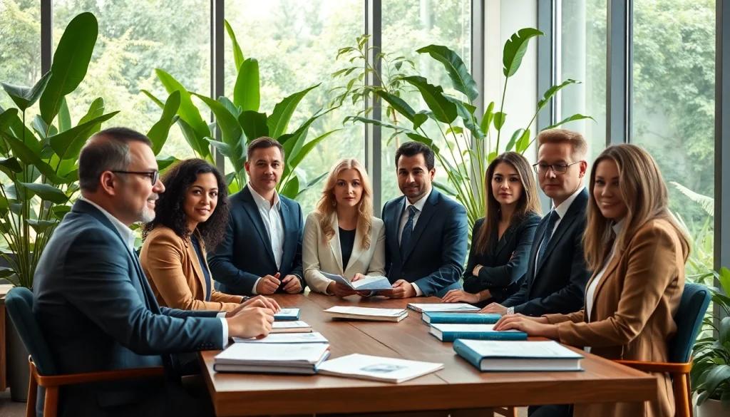 Environmental law firm team discussing sustainable legal strategies in a bright office setting.