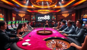 Experience the excitement of gambling with cm88 at a luxurious casino gaming table with poker chips and cards.