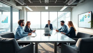 Analyze growth strategy trends with business professionals collaborating in a modern office.