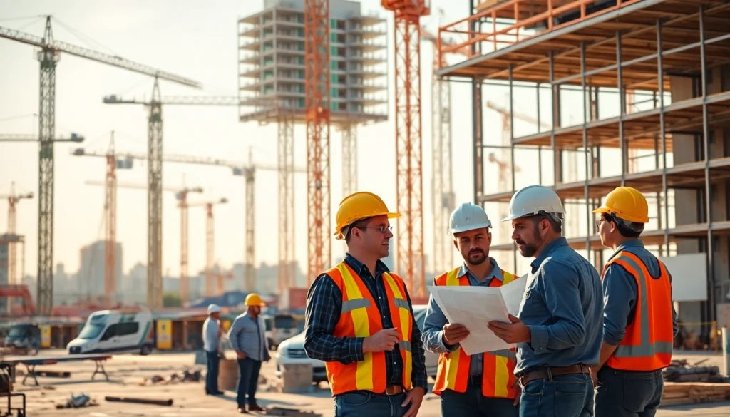 Showcasing Austin construction site with diverse teams and machinery in action.