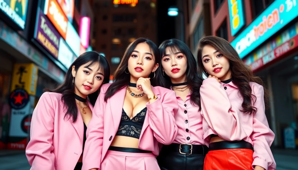 Blackpink members posing stylishly in colorful outfits, showcasing their unique personalities.