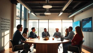 Engaged clients utilizing a business coaching service in a dynamic office atmosphere.