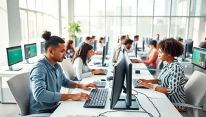 Engaged professionals in a vibrant typing center creating high-quality written content.