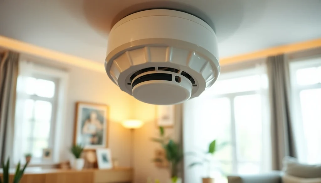 Install a smoke detector battery in a modern living room to ensure home safety.