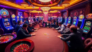 Players enjoying a thrilling poker game in a b52 themed casino atmosphere, showcasing excitement and luxury.