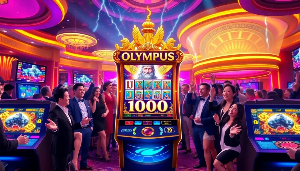 Para pemain memutar gulungan di mesin slot Olympus 1000 yang seru dalam suasana kasino yang penuh warna.