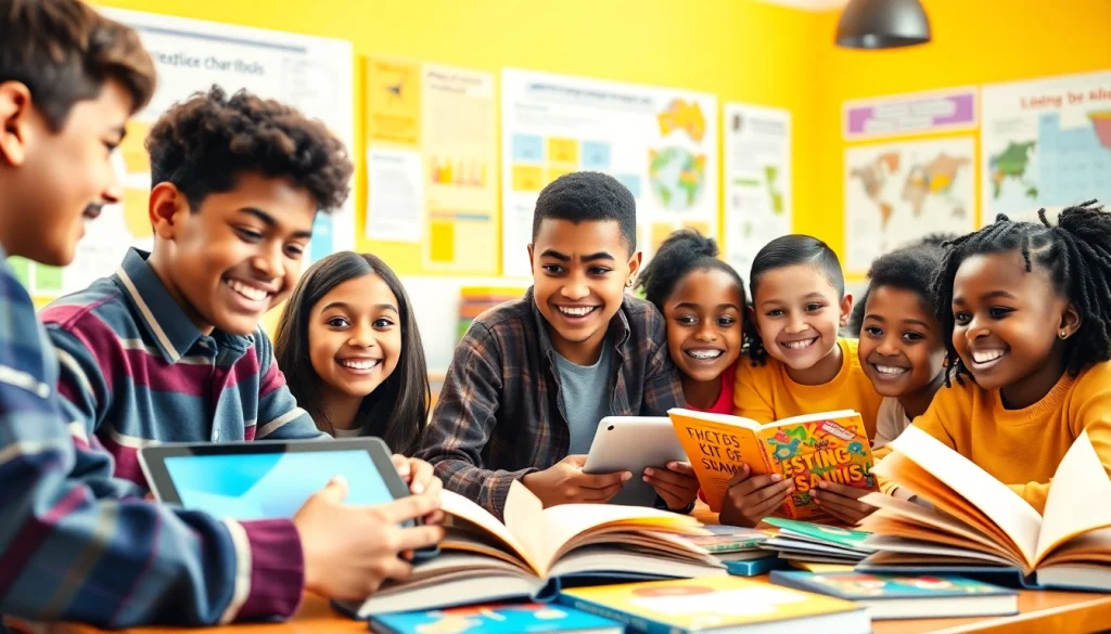 Education-focused classroom with diverse students using technology and books