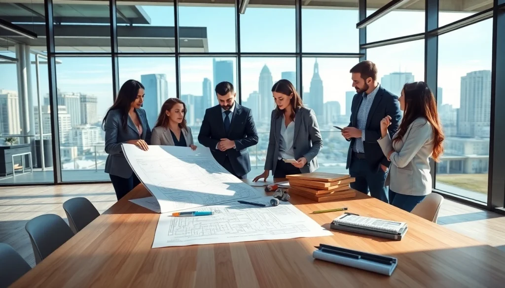 Engaging professionals in construction advocacy carolinas collaborating over blueprints in a modern office.