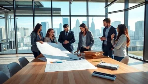 Engaging professionals in construction advocacy carolinas collaborating over blueprints in a modern office.