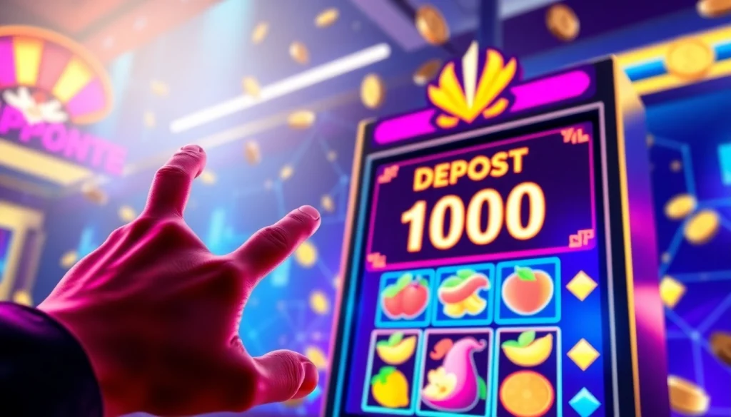 Slot deposit 1000 dengan ilustrasi mesin slot berwarna-warni yang menarik perhatian dan mengundang pemain.