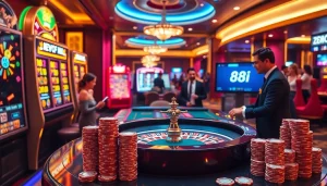 Players celebrate wins at a vibrant casino featuring 88i-themed slot machines and roulette.