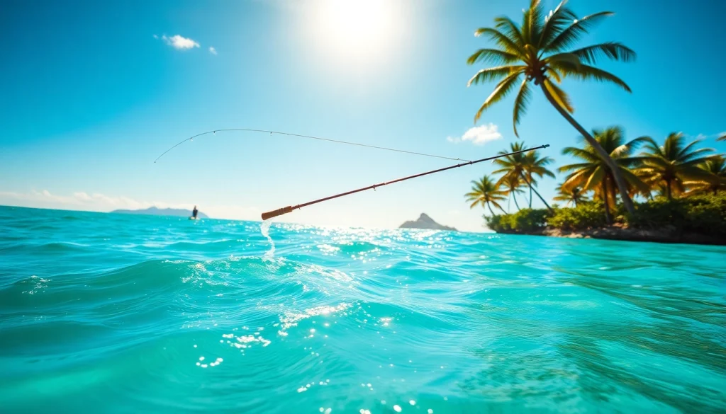 Engaging saltwater fly fishing scene featuring an angler skillfully casting in a beautiful tropical setting.