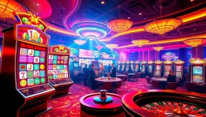 Experience the excitement of slot demo mahjong at a vibrant casino, featuring colorful machines and lively gamers.